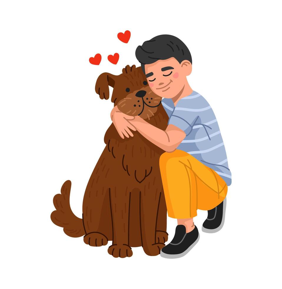Boy hugging a brown dog vector