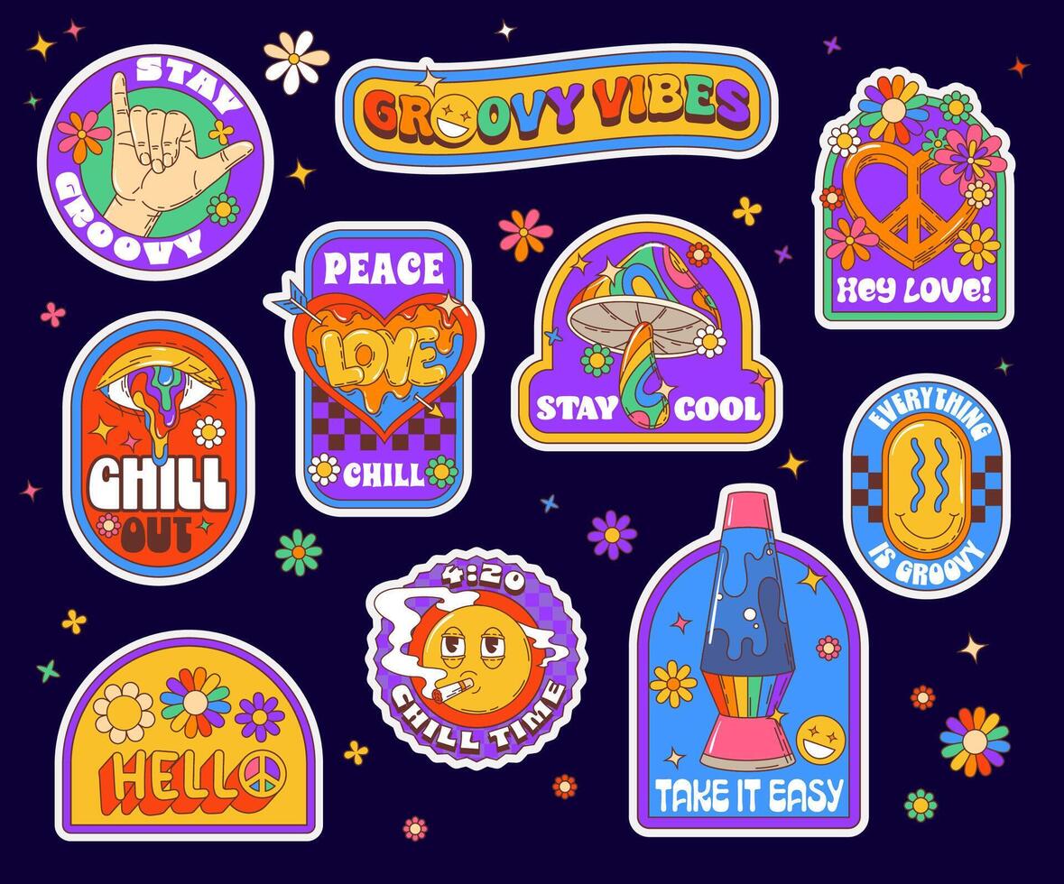 Colorful groovy sticker collection vector