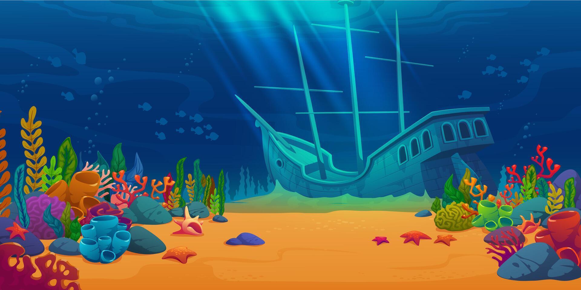 Underwater scene with sunken ship vector