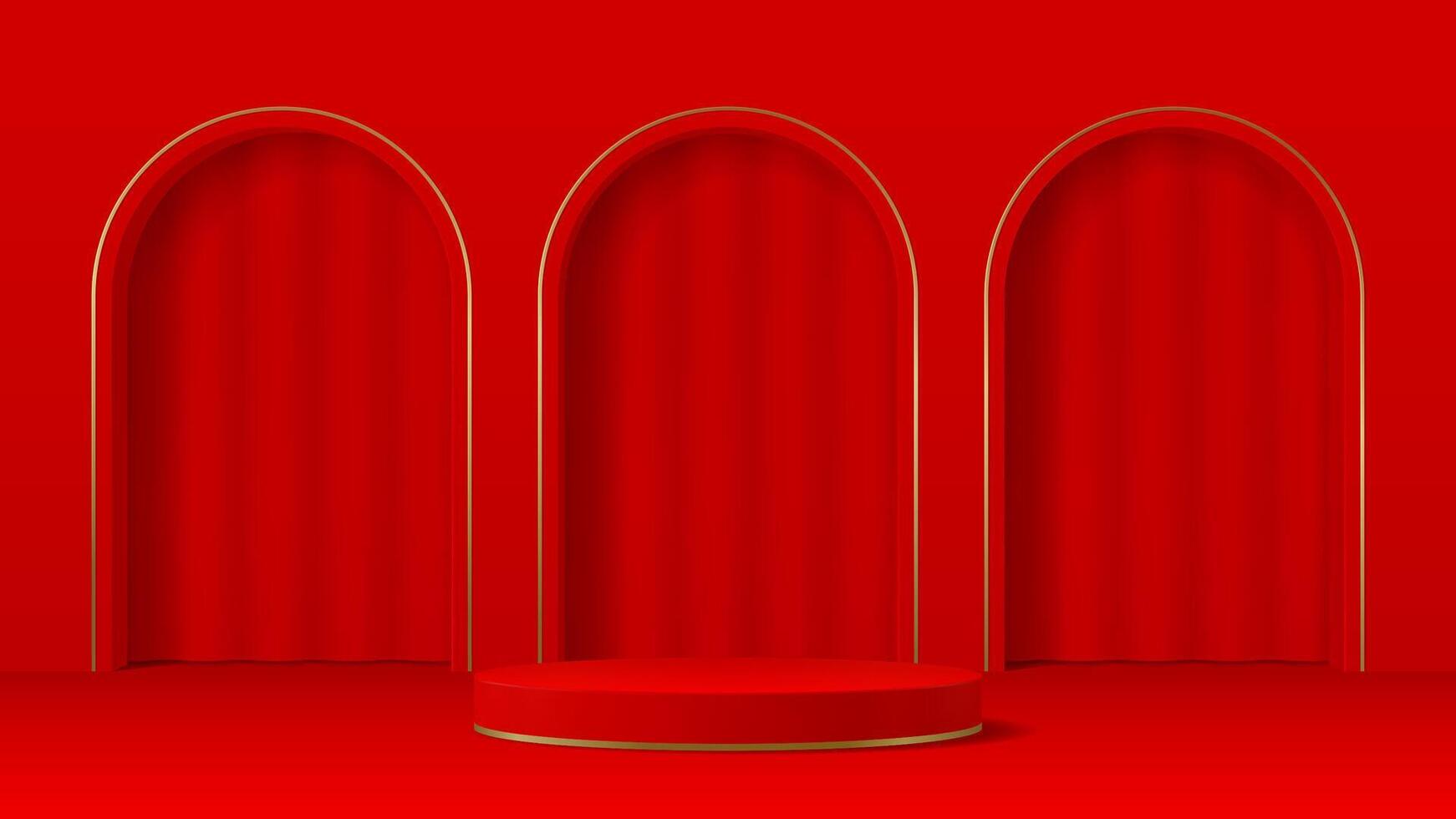 Red podium stage with arch gates, round pedestal vector