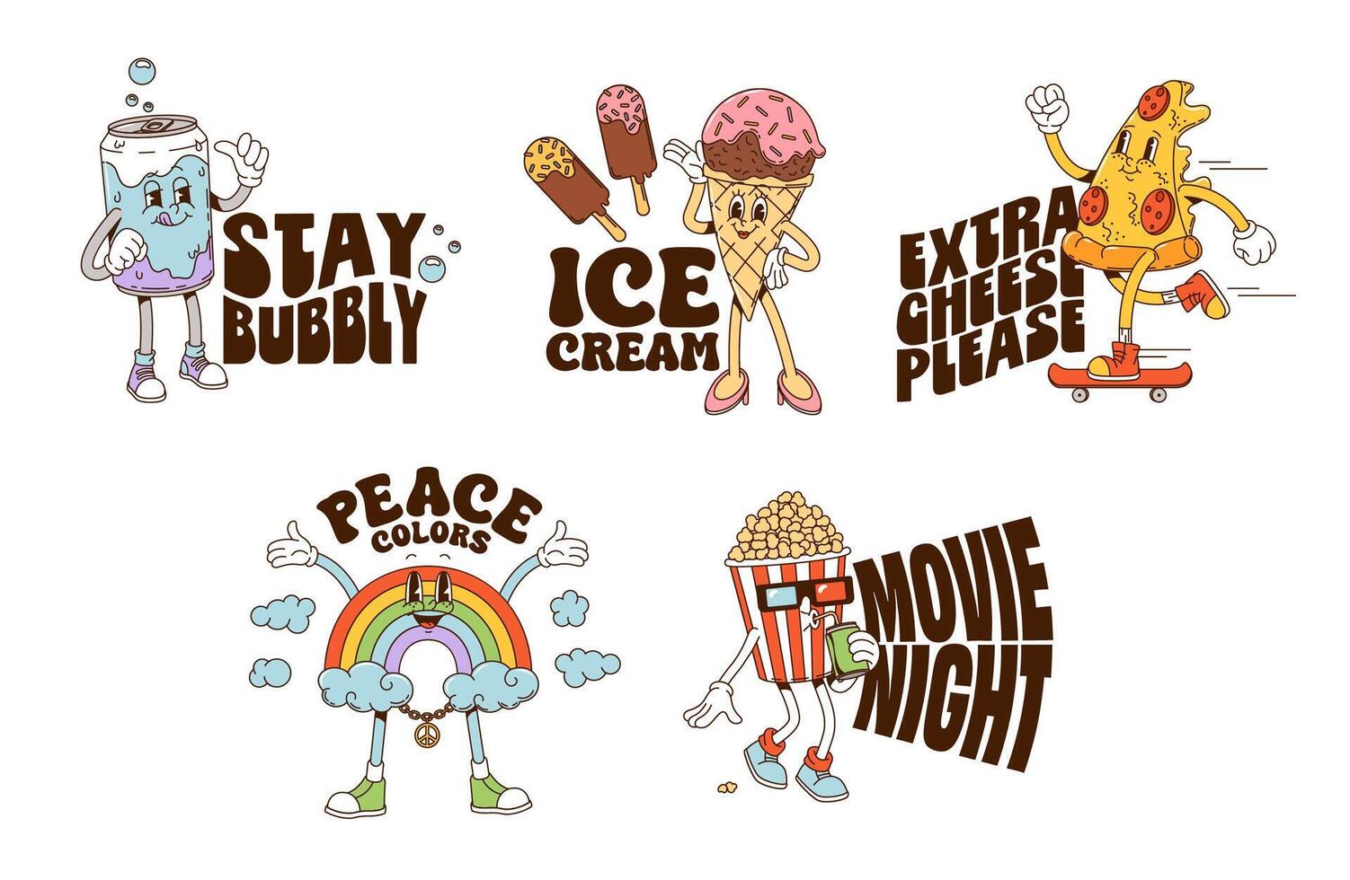 Fast food cartoon y2k groovy stickers pack vector