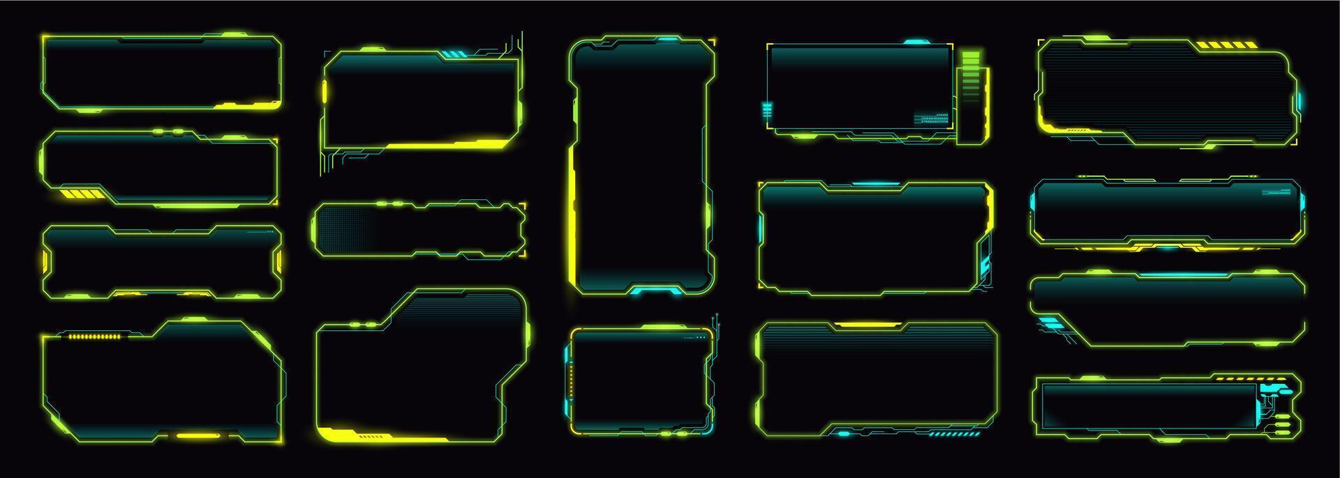Neon cyberpunk game HUD interface elements set vector