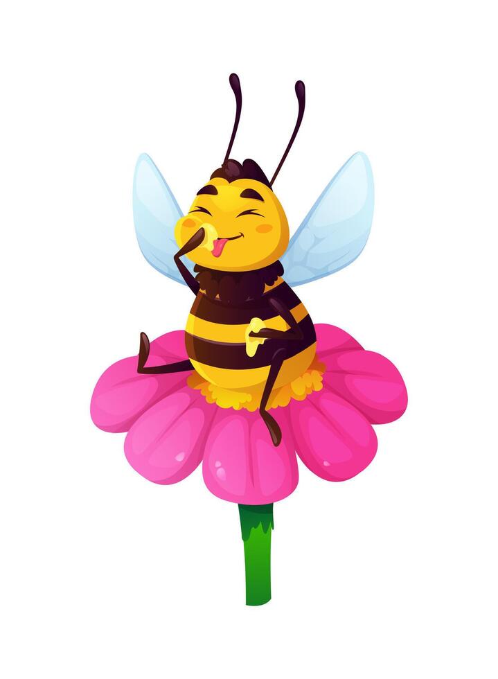 Cartoon funny bee character on flower eating honey vector