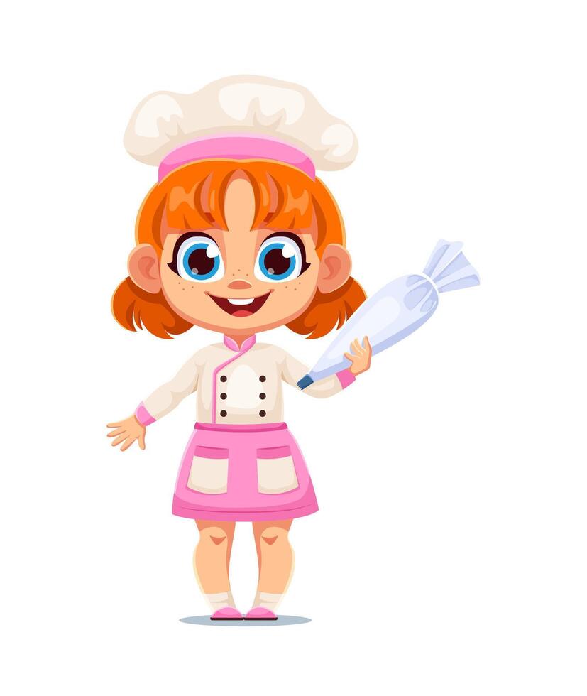 Cheerful cartoon kid girl chef holding piping bag vector