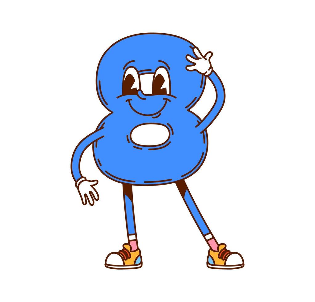 Groovy number 8 or cartoon math funny character vector