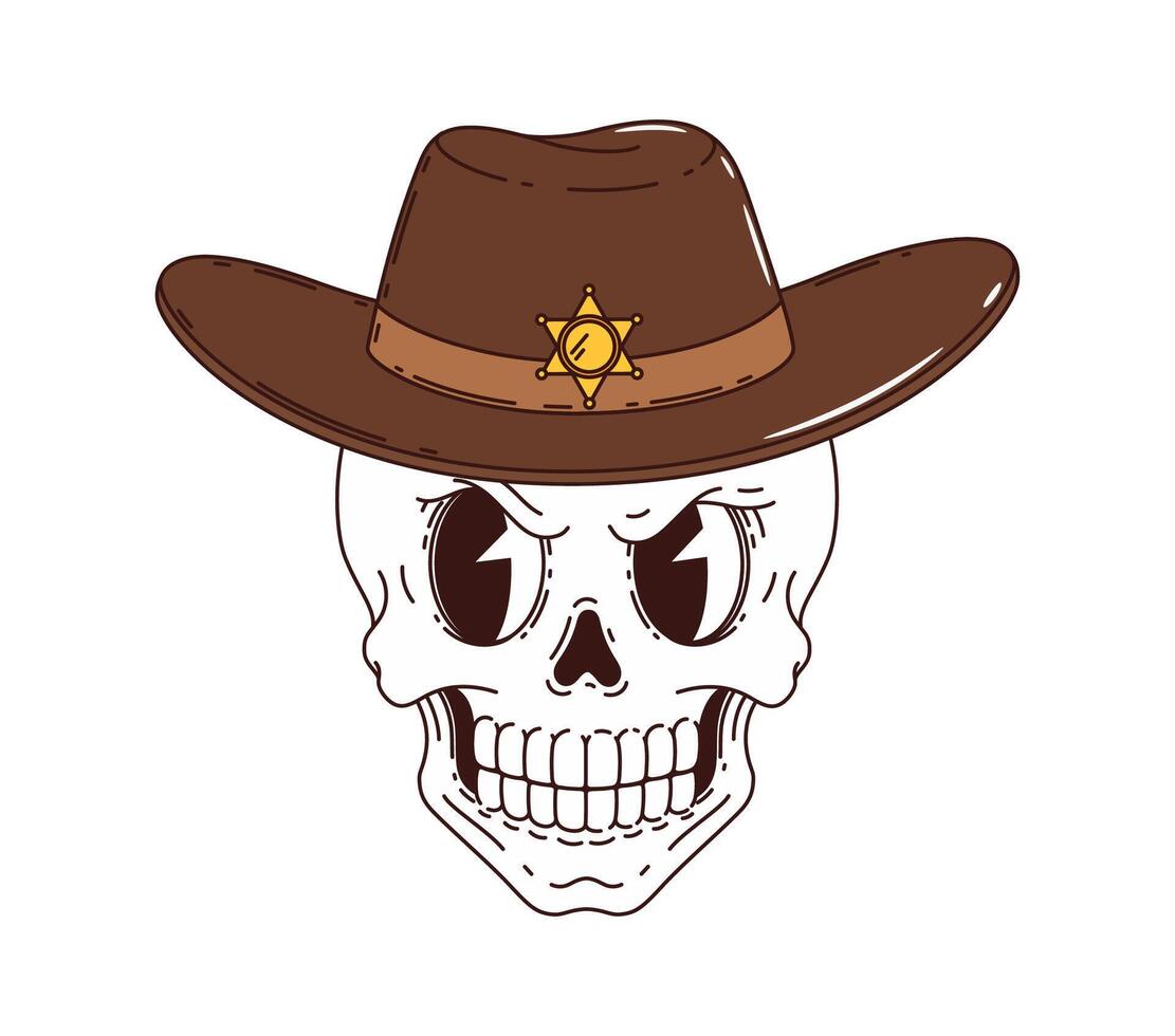 Cartoon groovy cowboy skull, western character vector