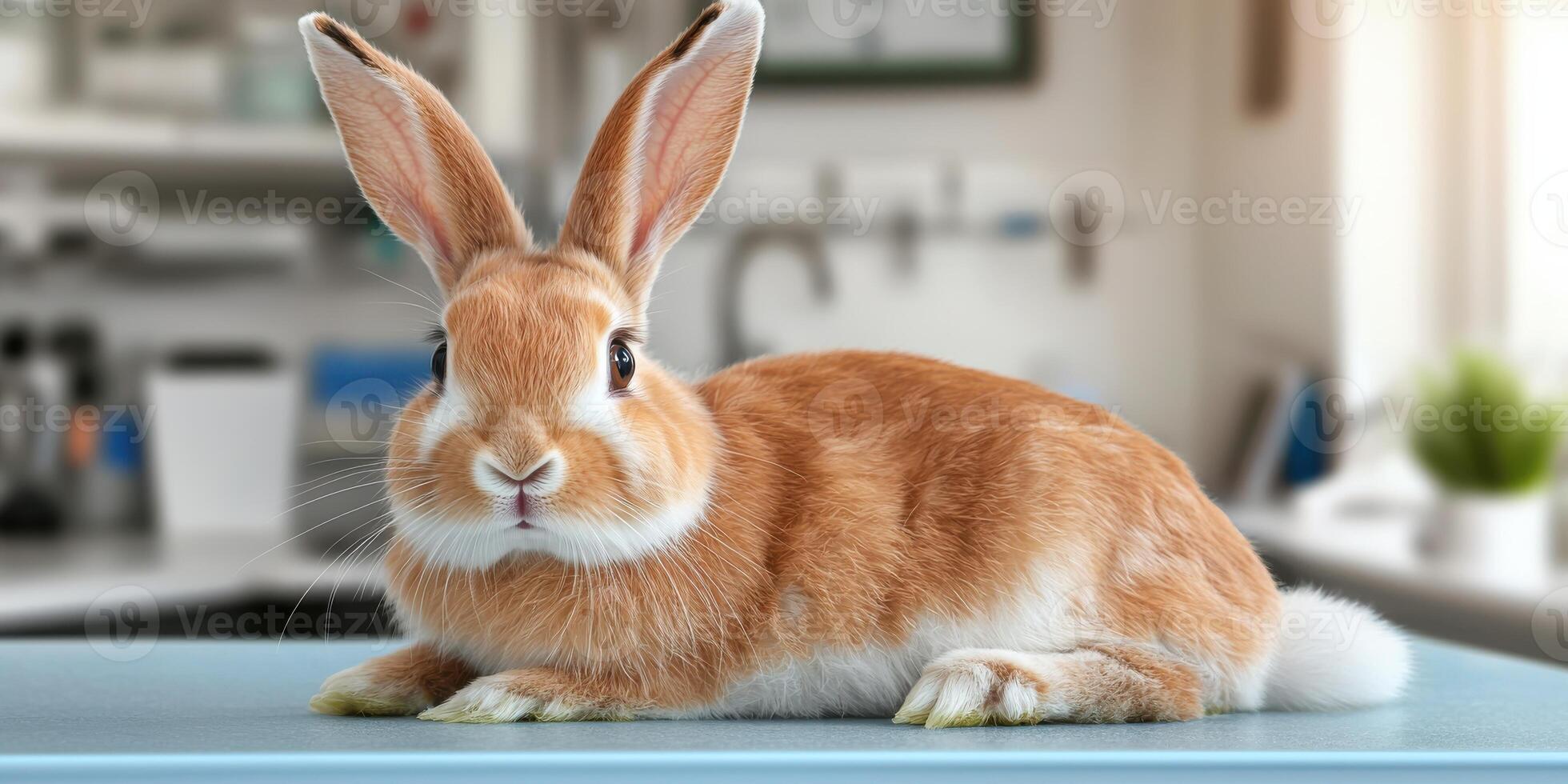 Rabbit On Veterinary Examination Table. Pet Health Checkup In Clinic Setting photo