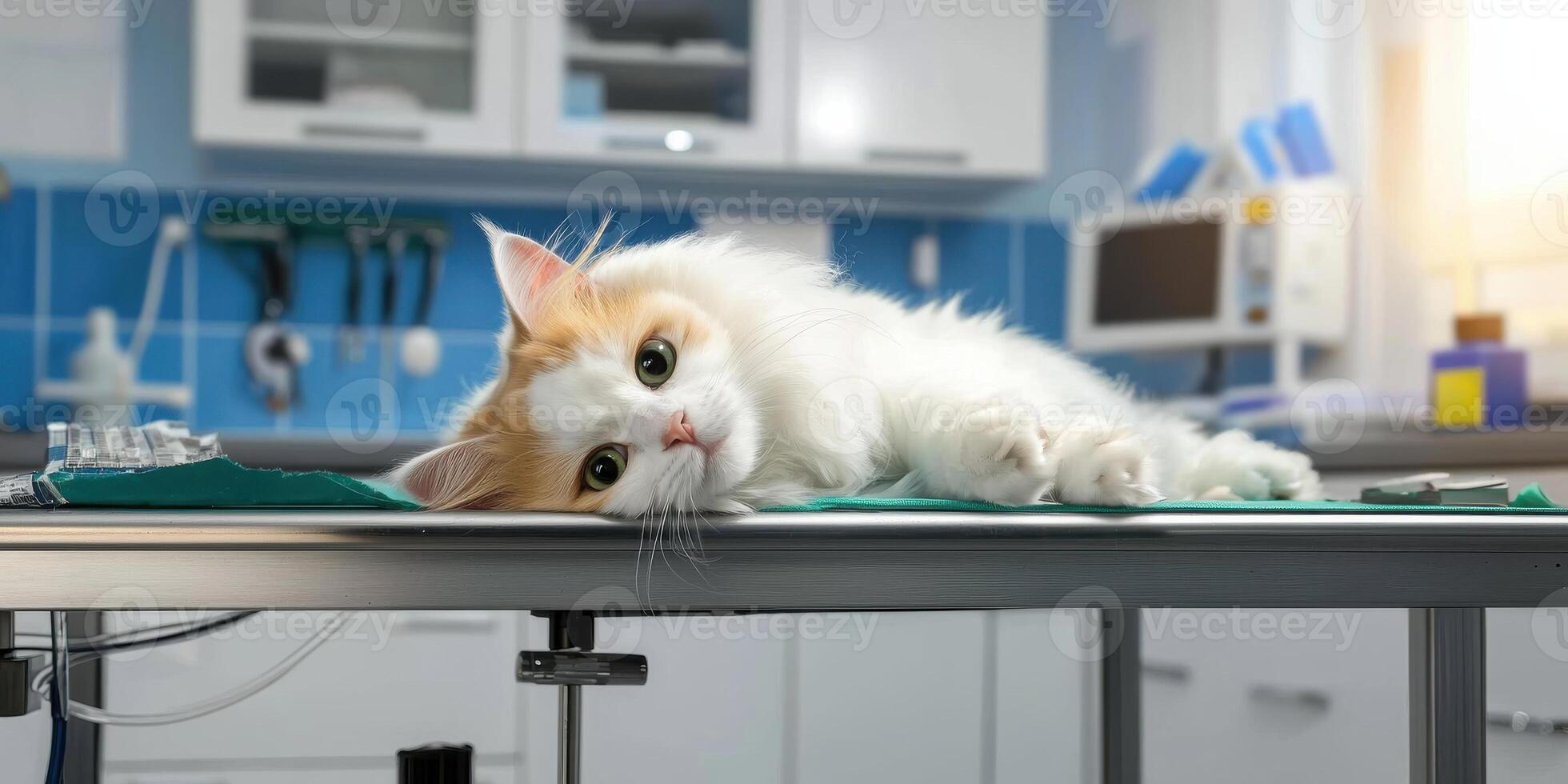 Fluffy White And Orange Cat Lying On Veterinary Examination Table. Cat Receiving Care In A Modern Veterinary Clinic photo