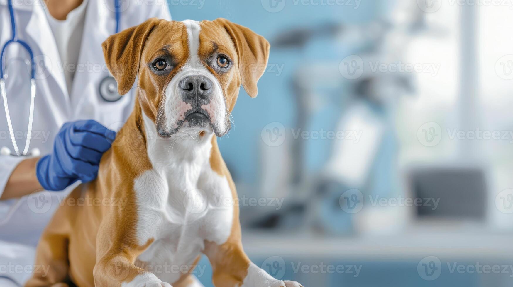 Dog At Veterinary Clinic With Veterinarian In Background. Pet Receiving Medical Care And Attention photo