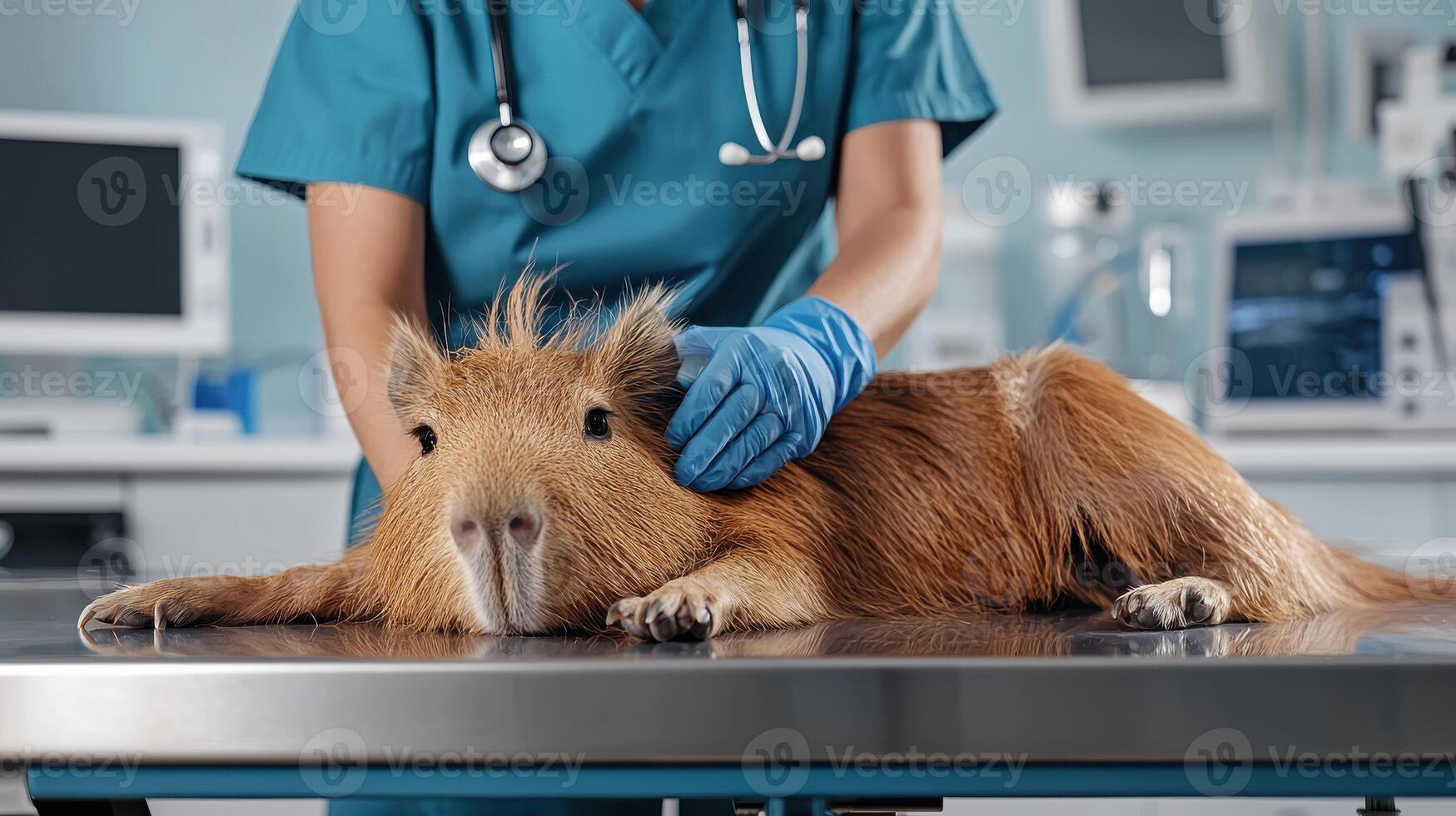 Capybara Receiving Medical Examination At Veterinary Clinic. Animal Healthcare And Treatment photo