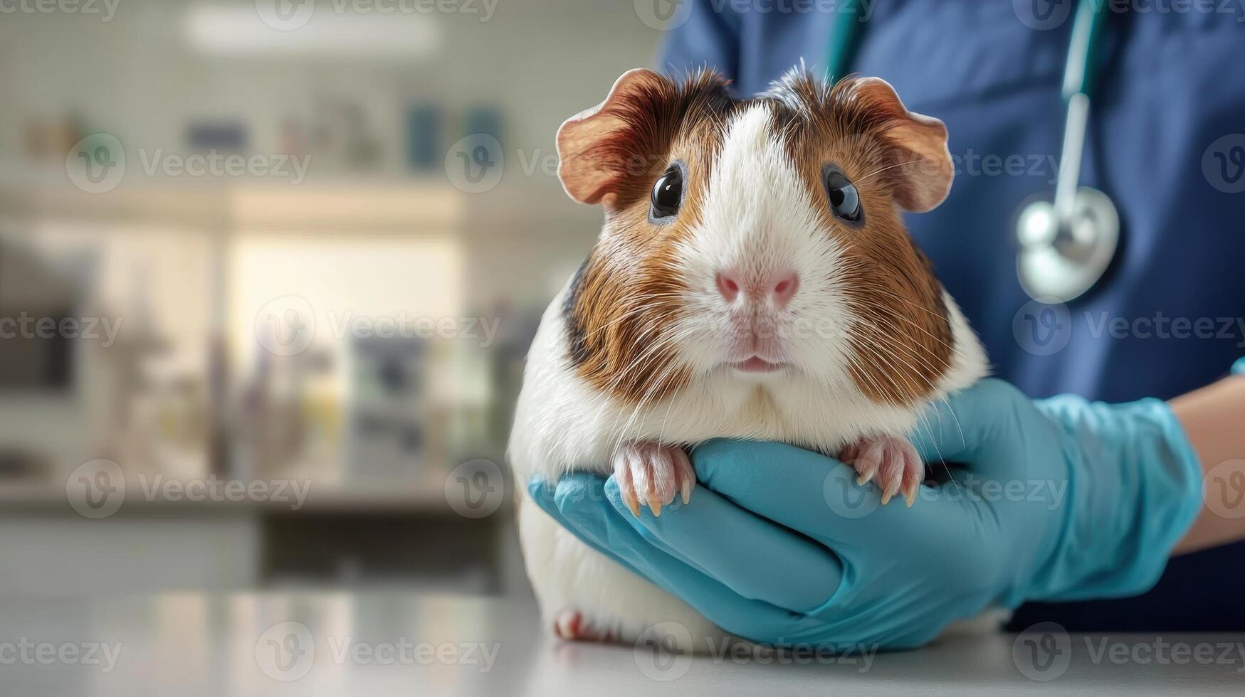 Guinea Pig Held By Veterinarian In Clinic. Small Pet Receiving Medical Care photo