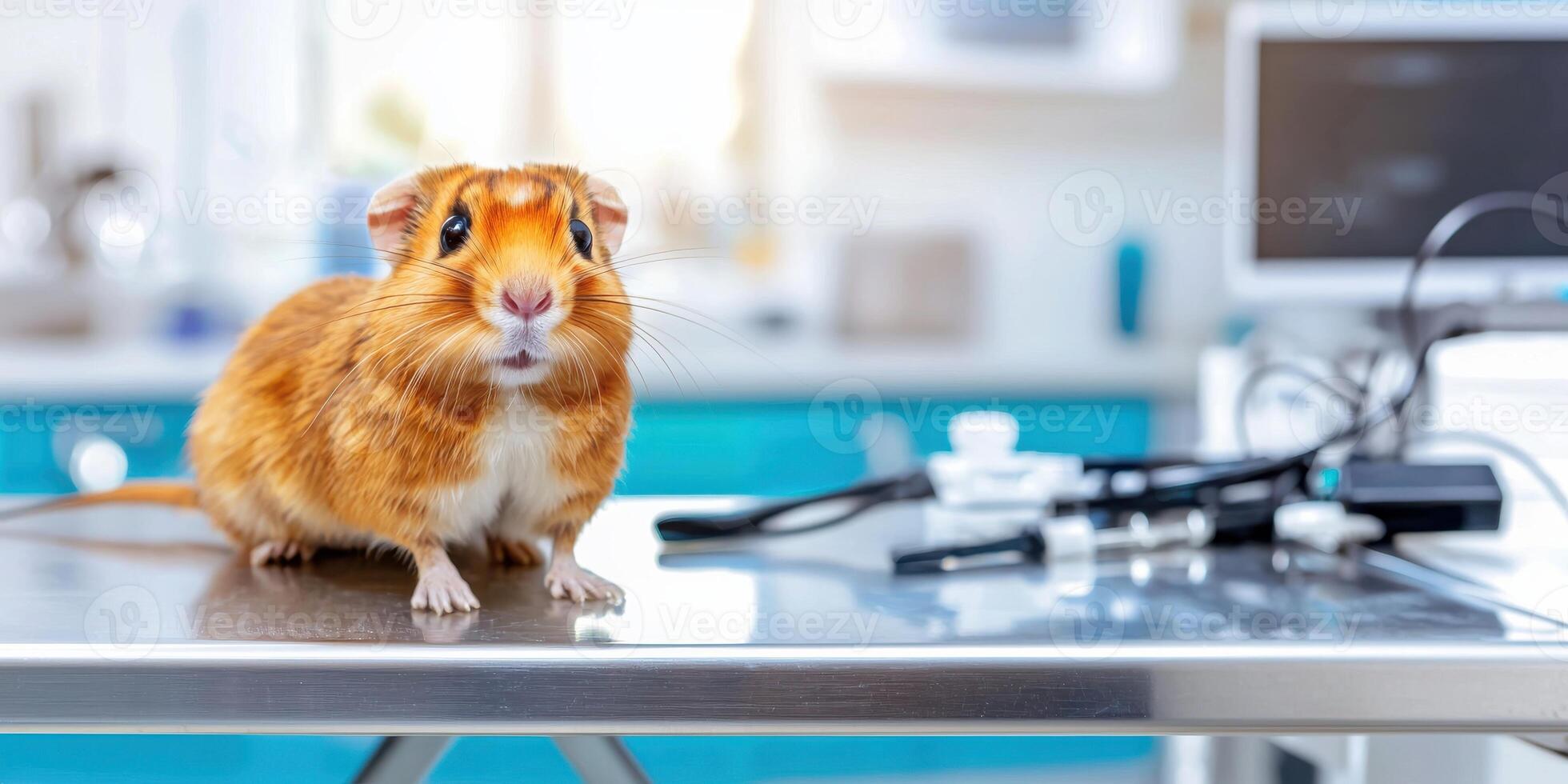 Guinea Pig On Veterinary Examination Table In Clinic. Small Pet Receiving Medical Care photo