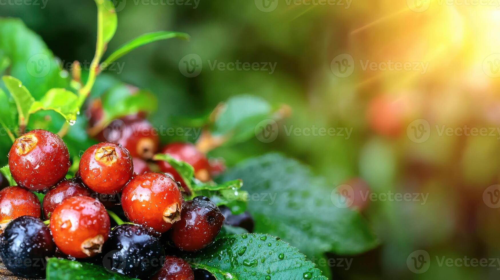 Close-Up Of Ripe Coffee Cherries With Dewdrops On Green Leaves. Fresh Coffee Beans In Natural Sunlight photo