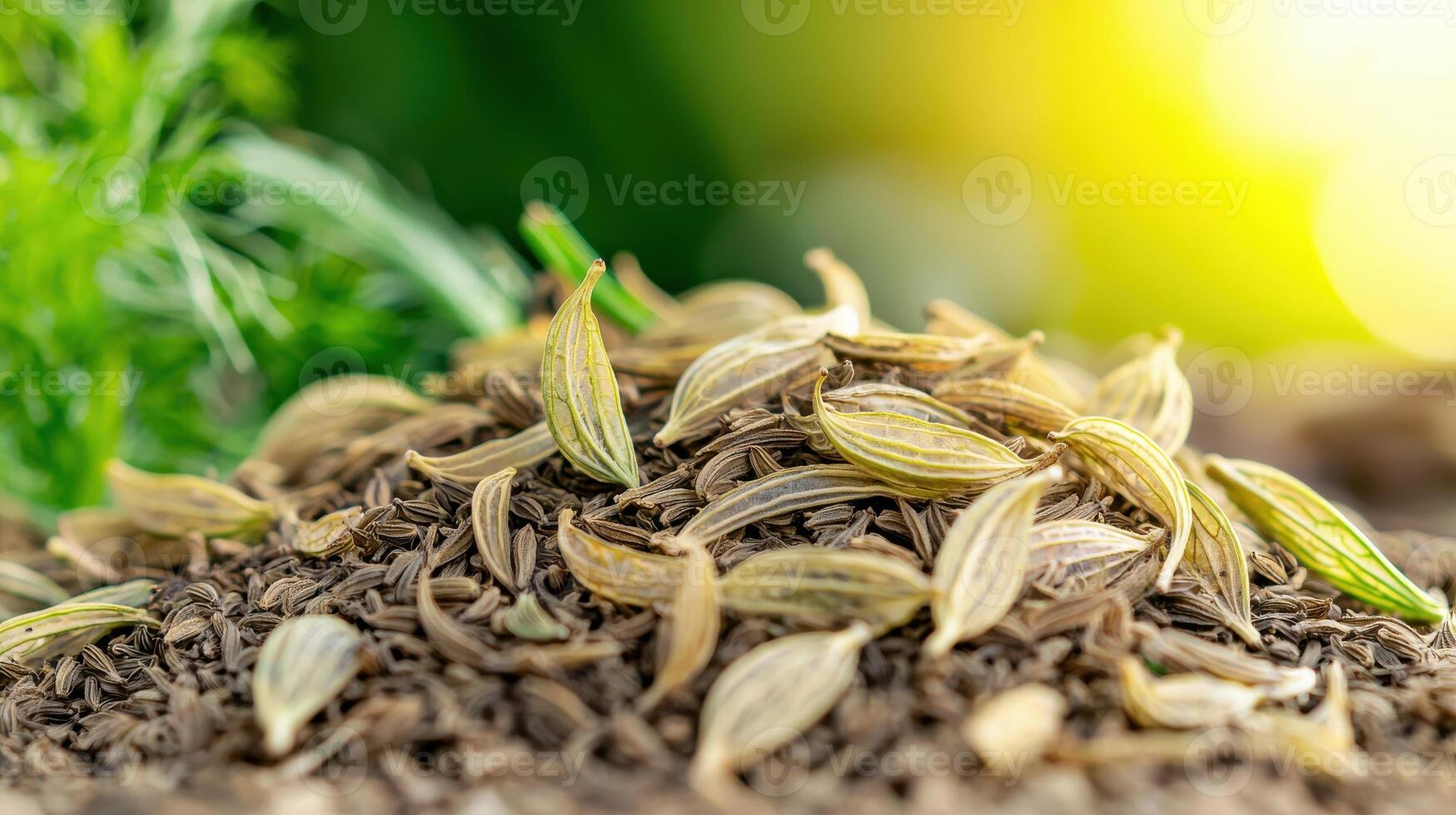 Pile Of Aromatic Cumin Seeds With Fresh Green Herbs In Background. Culinary Spice Used For Flavoring And Seasoning photo