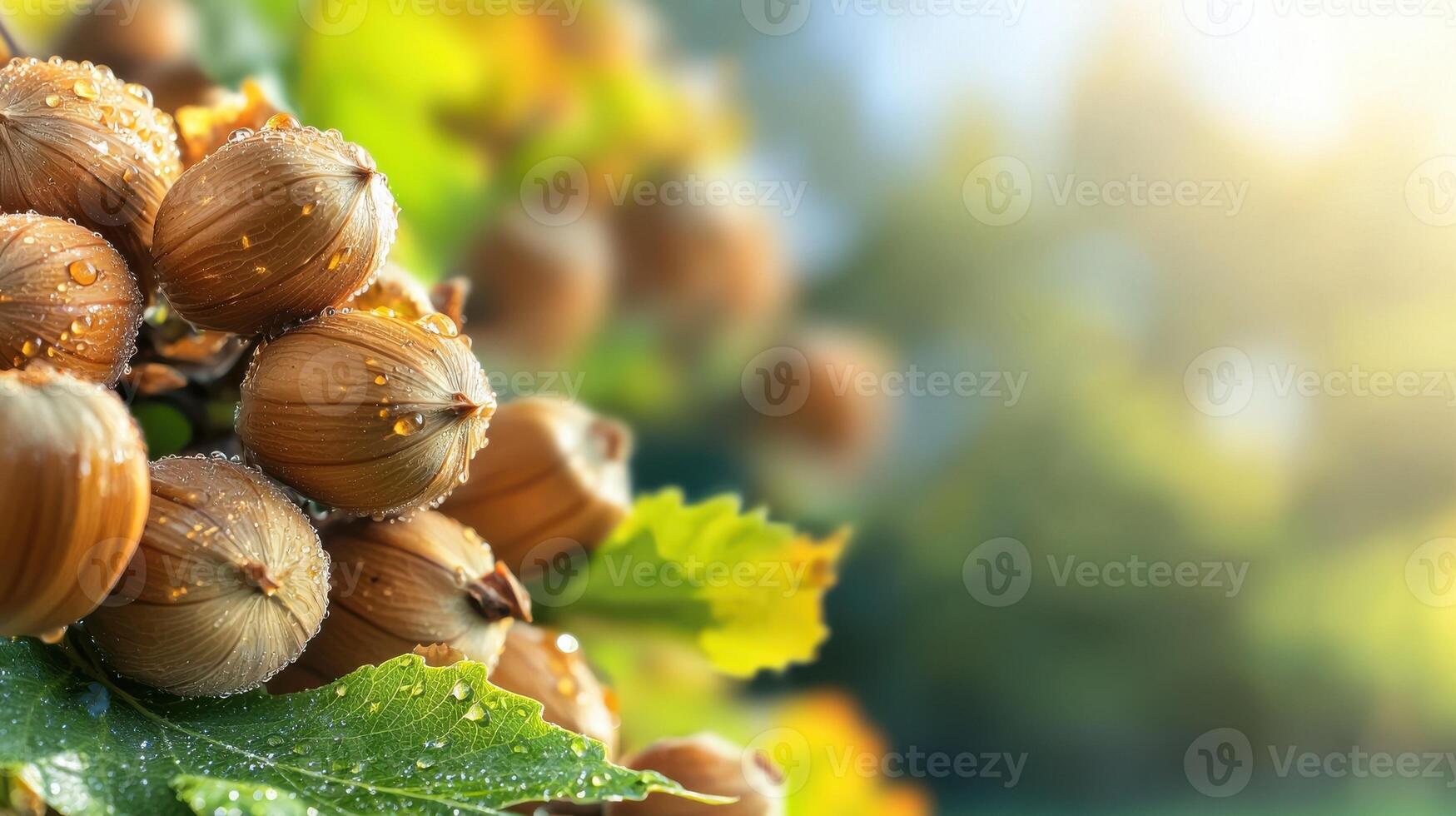Hazelnuts With Dew On Tree Branch In Sunlight. Fresh Hazelnuts In Natural Setting, Symbolizing Harvest And Organic Farming photo