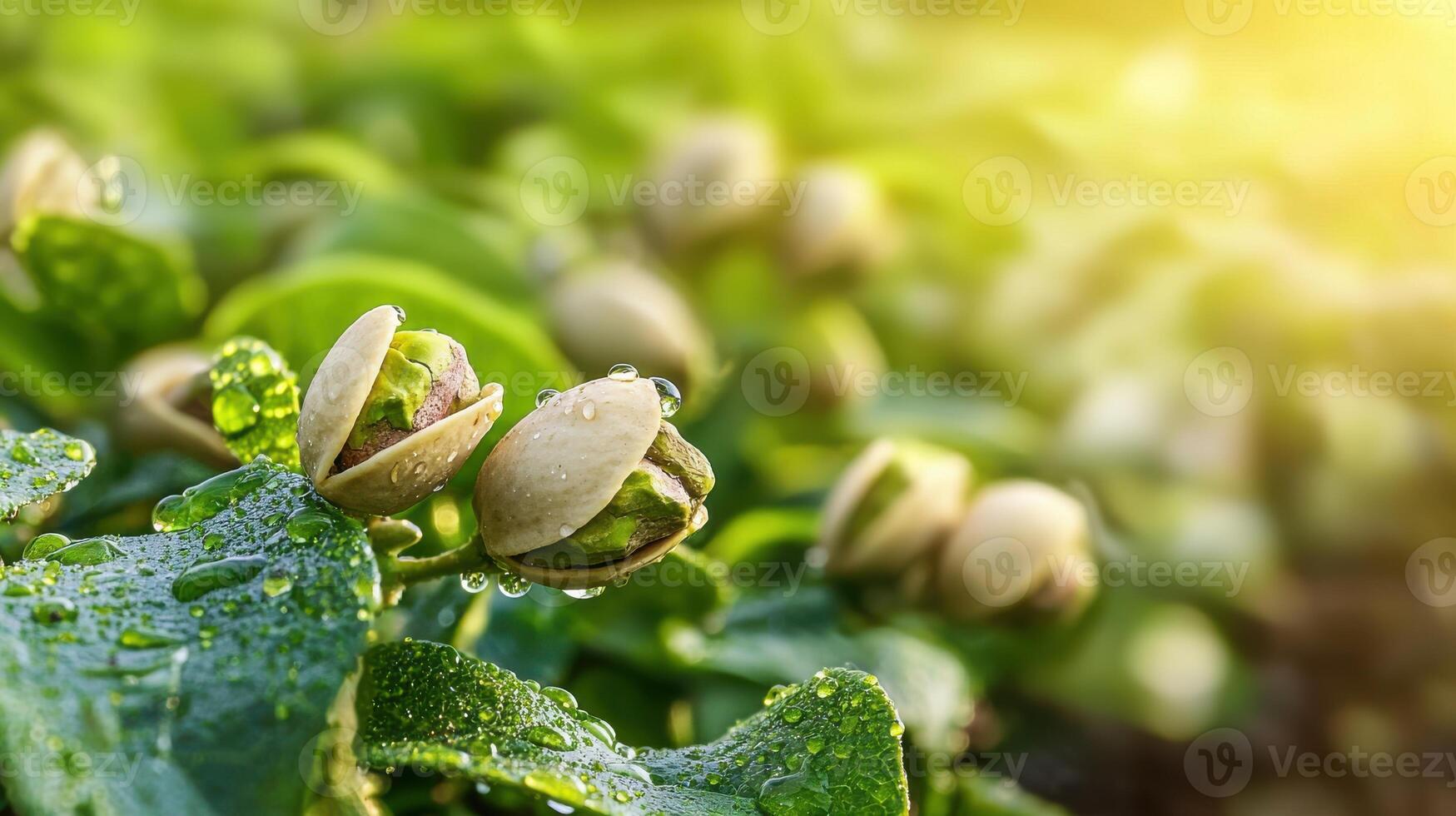 Pistachio Nuts On Tree With Morning Dew And Sunlight. Fresh Pistachios Growing In Natural Environment photo
