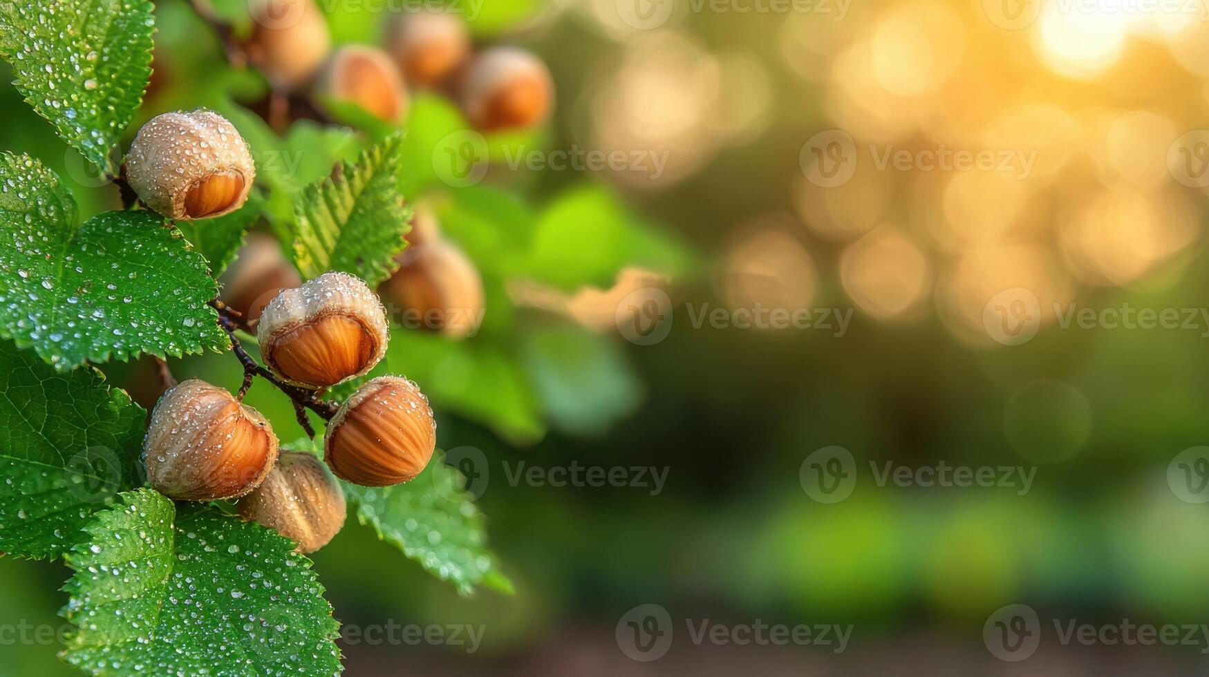 Hazelnuts With Dew On Green Leaves In Sunlit Garden. Freshness And Natural Beauty photo
