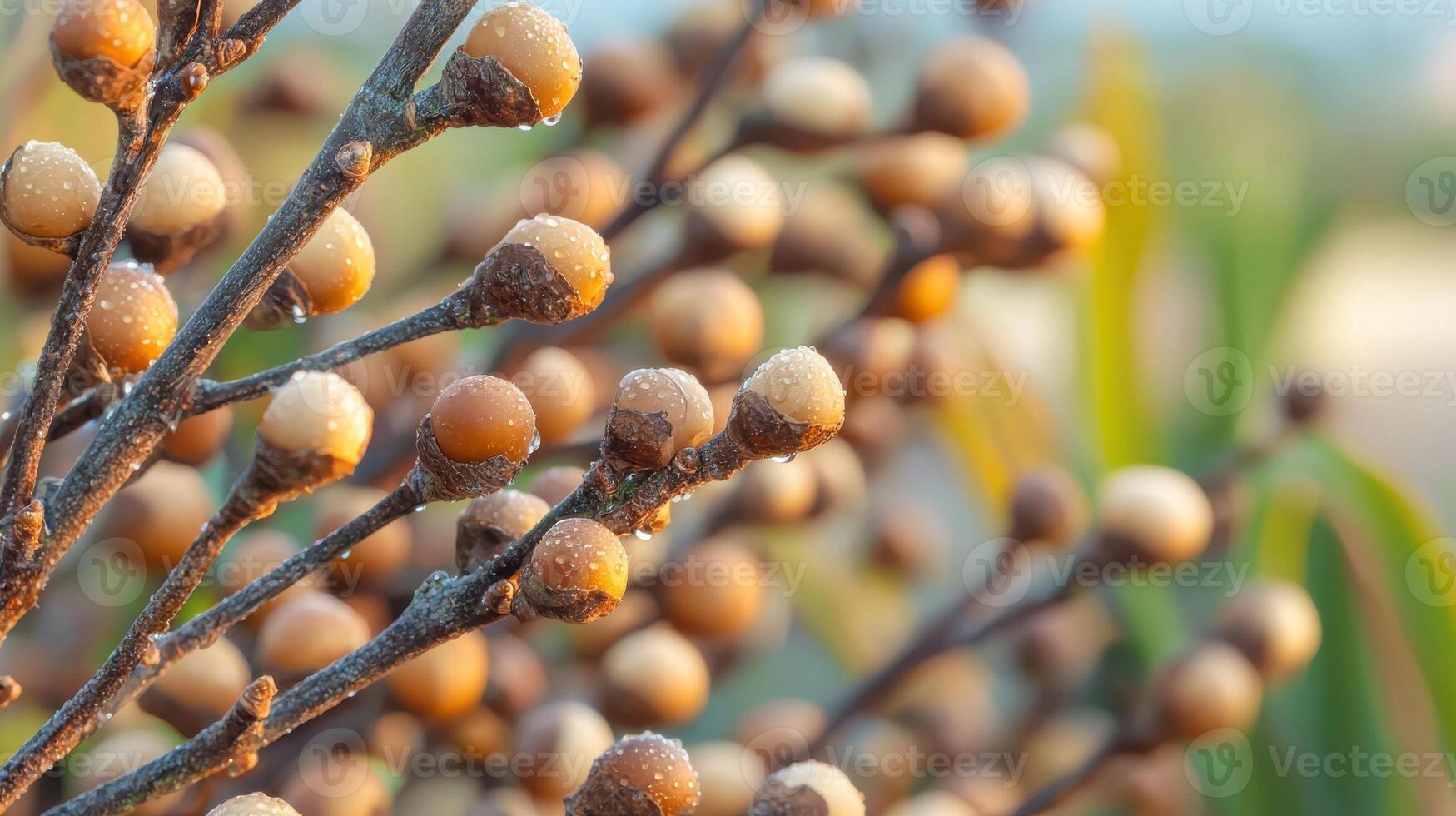 Close-Up Of Dew-Covered Brown Buds On Branches In Natural Setting. Morning Dew Enhances The Beauty Of Nature photo