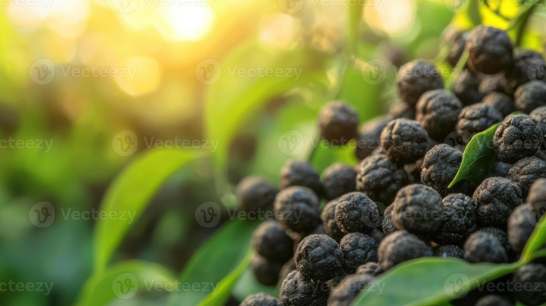 Close-Up Of Ripe Black Peppercorns On Plant With Sunlight. Harvesting Spices In Natural Environment photo