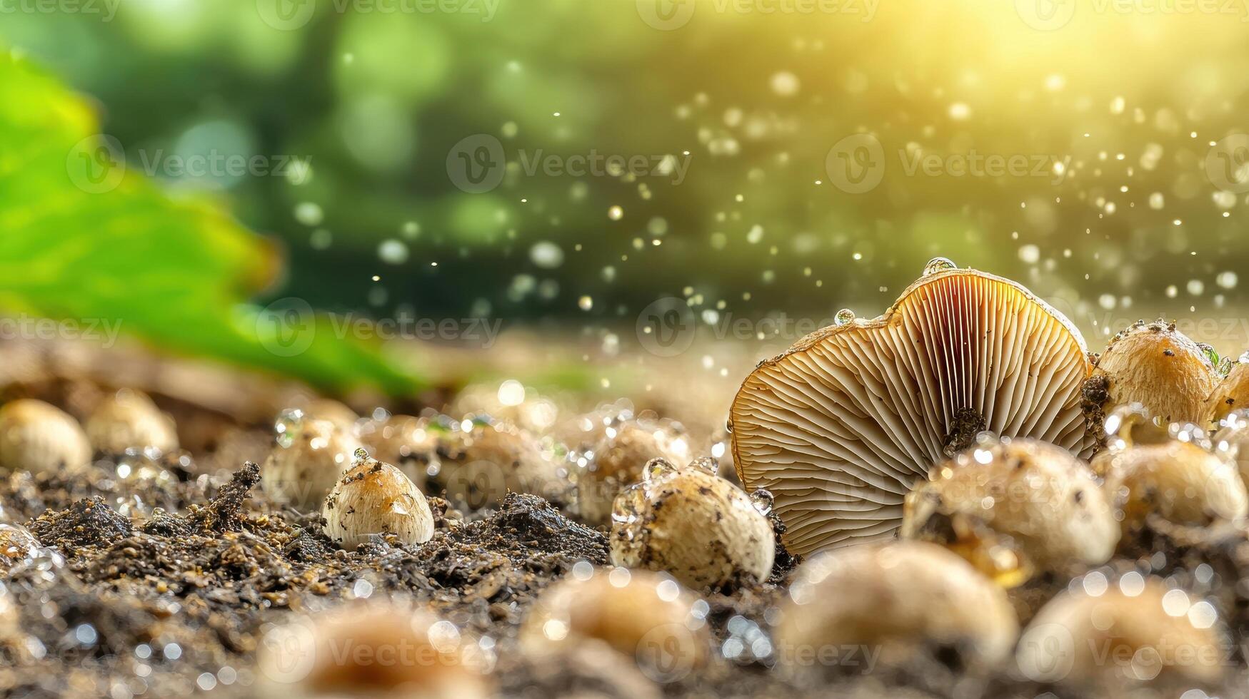 Mushrooms Growing In Forest Soil With Morning Dew. Nature'S Beauty And Growth In A Serene Woodland Setting photo
