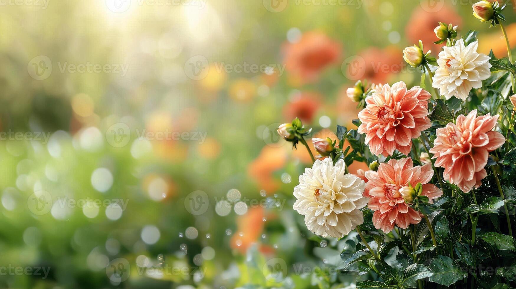 Dahlia Flowers In A Vibrant Garden Setting With Morning Dew. Capturing The Essence Of Nature'S Beauty And Tranquility photo