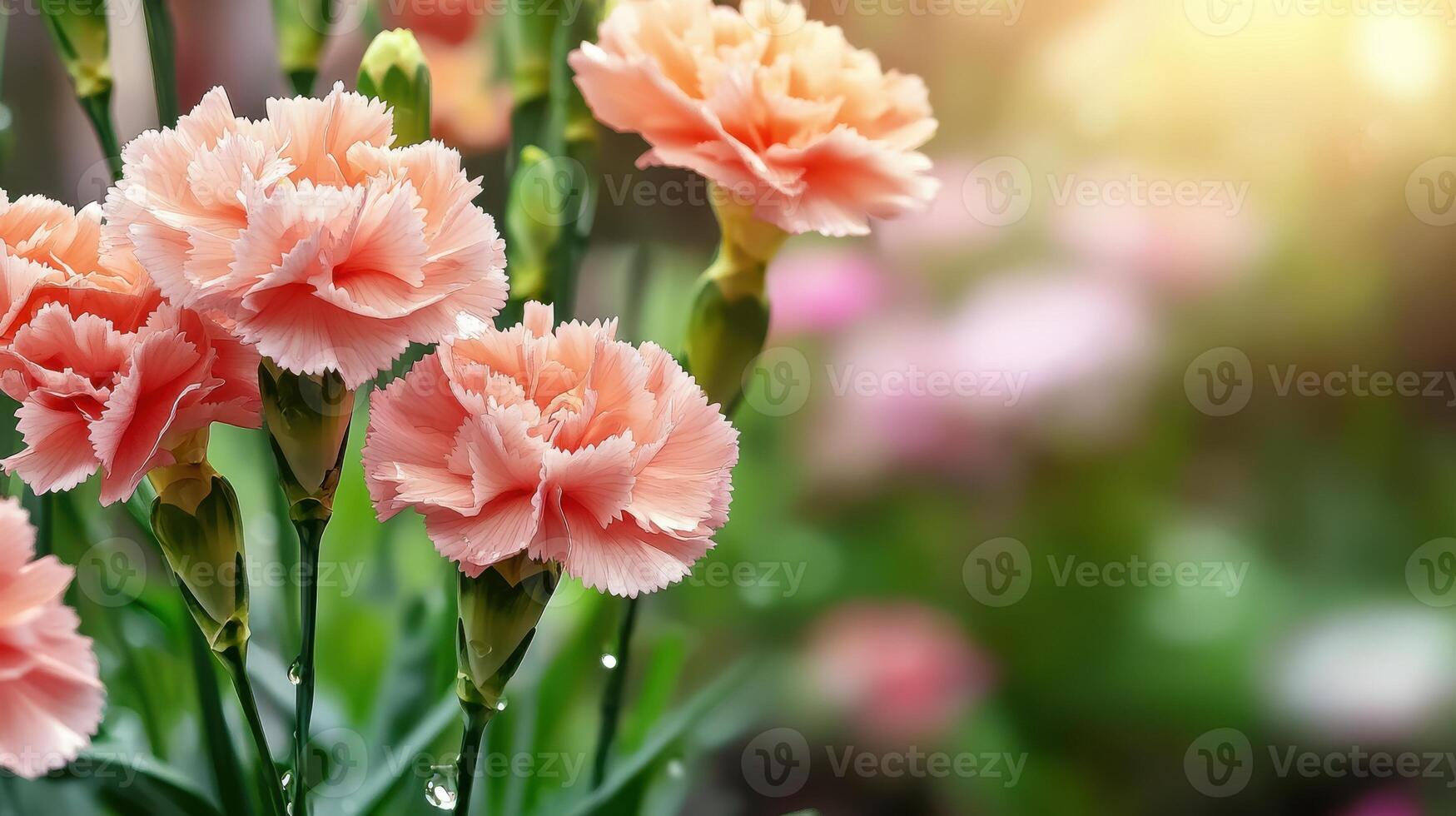Pink Carnations In Sunlit Garden. Symbol Of Love And Admiration photo