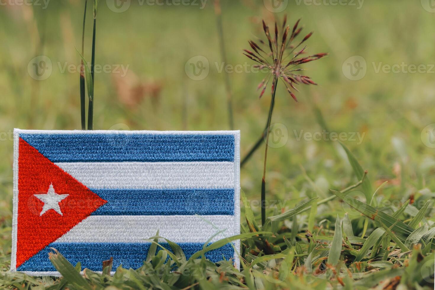Eco friendly embroidered Cuban flag lying on fresh grass with wildflowers. Horizontal photo with copy space on the right. Natural light, earth day, calmness vibe.