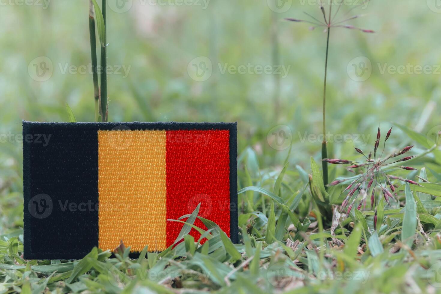 Eco friendly Belgian flag embroidered from colorful threads lying on grass with wildflowers. Natural light, earth day theme. Horizontal photo with copy space on right.