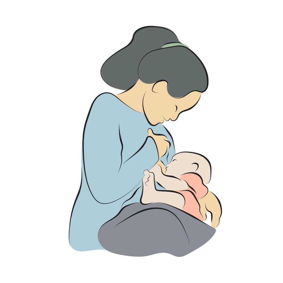 Mother breastfeeding little baby illustration hand drawn with black lines isolated on white background. vector