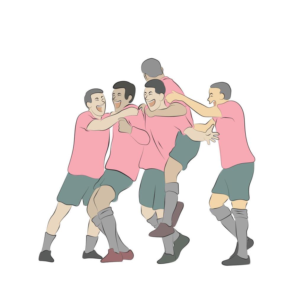male five soocer players celebrating goal victory illustration hand drawn with black lines isolated on white background. vector