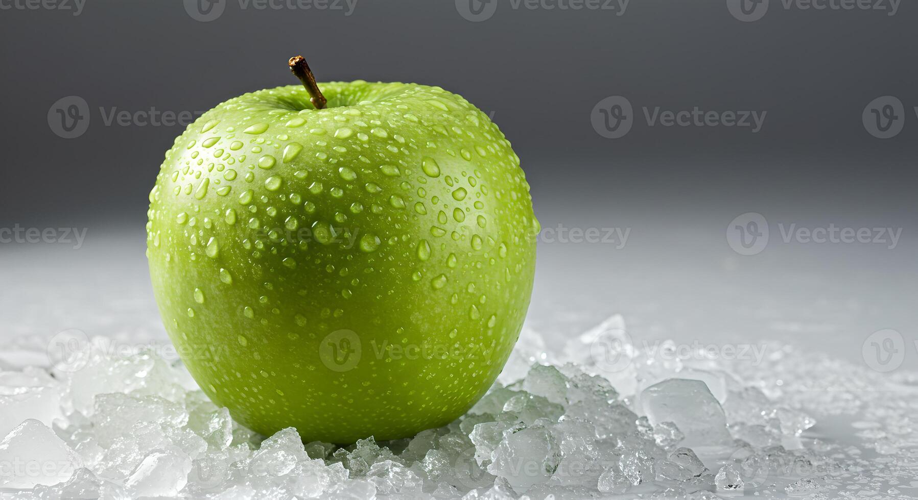 Dewy green apple on crushed ice, hyper-realistic and dramatically lit. photo