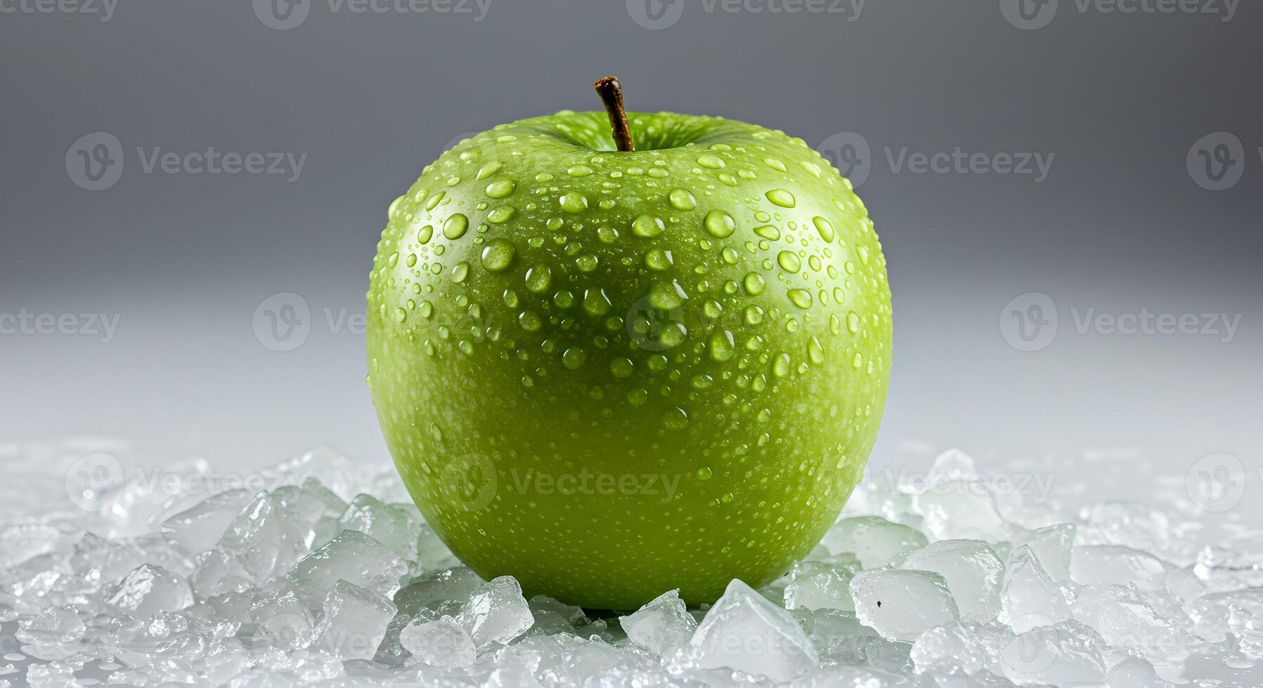 Dewy apple sits on crushed ice, crisp lighting, isolated background. photo