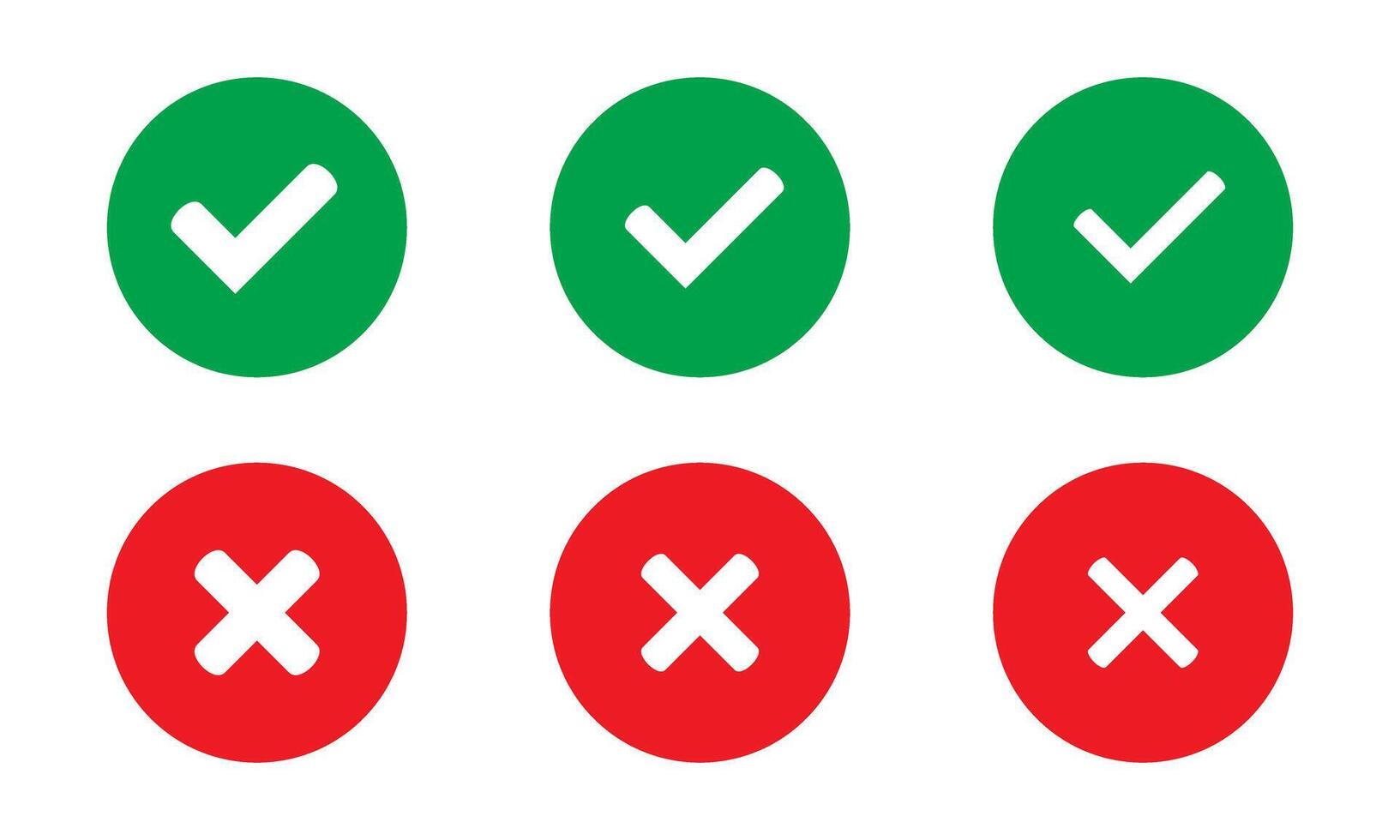 Right or wrong icons. Green tick and red cross checkmarks in circle flat icons. Yes or no symbols. vector