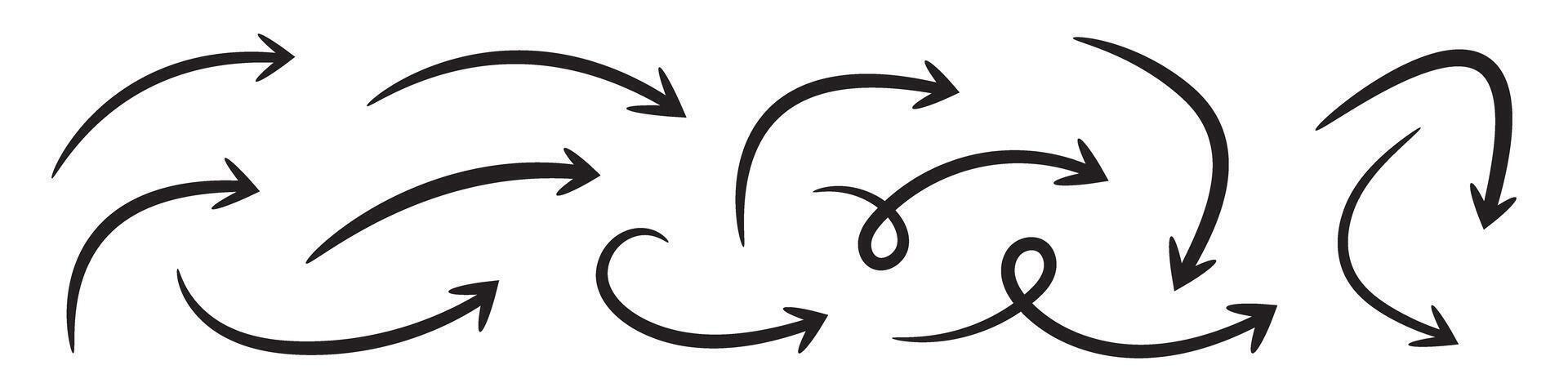 Curved Arrows and Twisted Hand Drawn Arrows. Collection of Doodle Curved Arrows. vector
