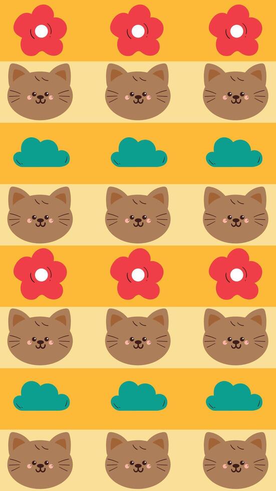 cute cartoon cat with flowers and clouds in yellow stripe style. cute drawing for phone wallpaper and background vector