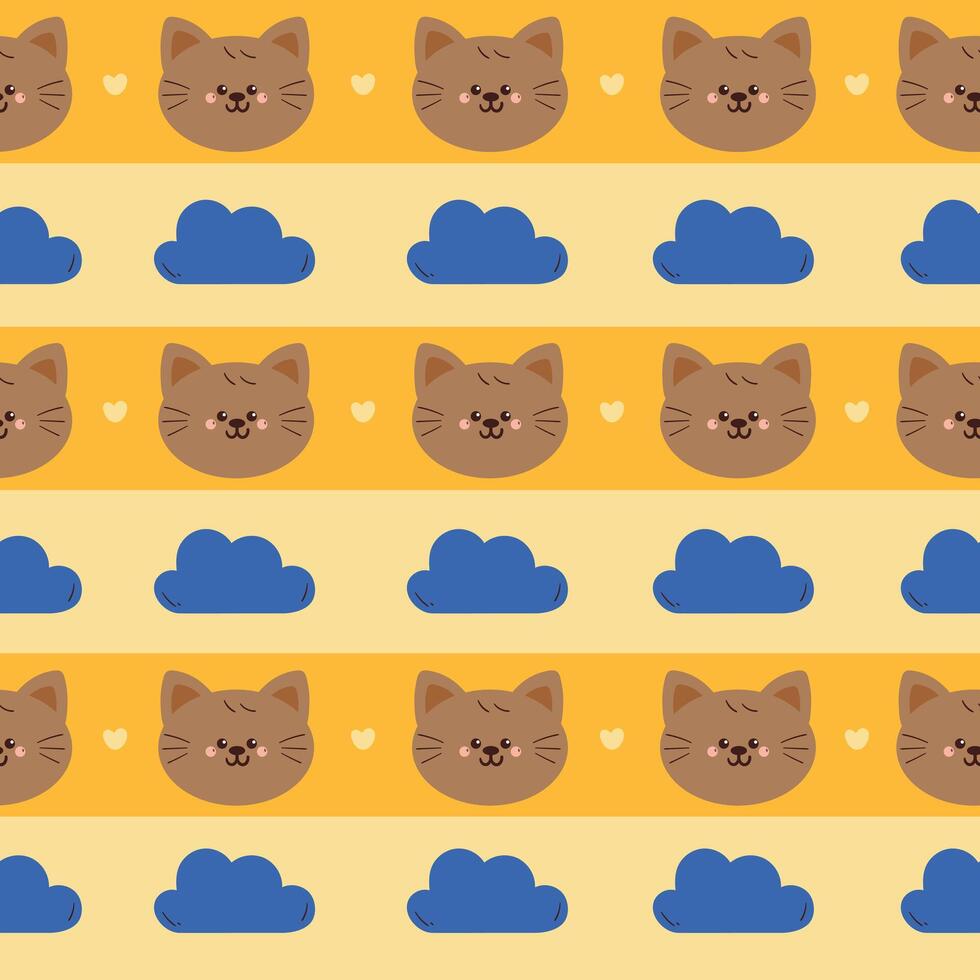 cute drawing cartoon cat and sky element seamless pattern in yellow stripe pattern design vector