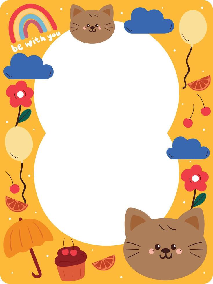 cute yellow frame with drawing cartoon cat and sky element hand drawing illustration. cute frame for photo and card holder vector