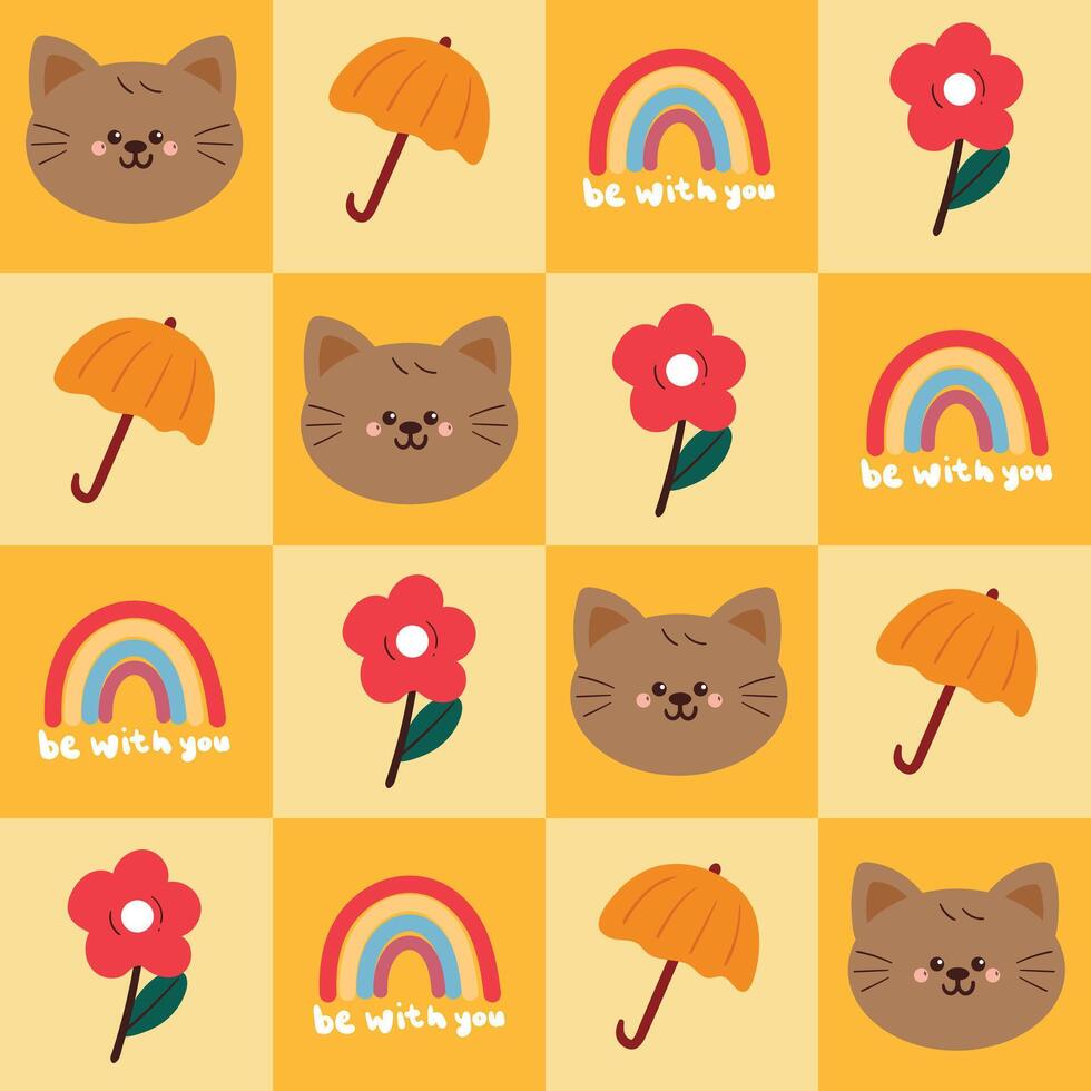 seamless pattern cartoon cat with cute stuffs in yellow patchwork style. cute drawing for wallpaper and gift wrap paper vector