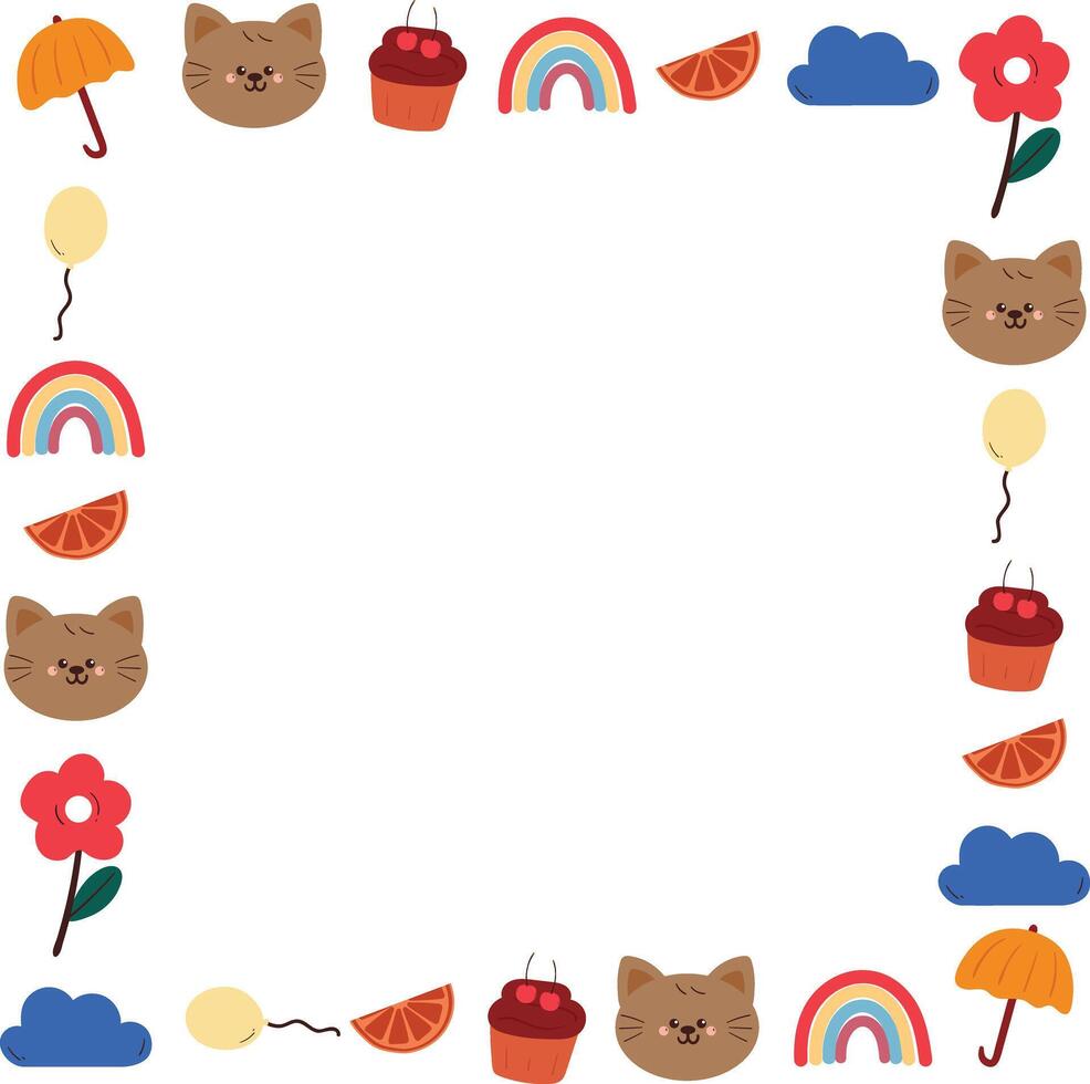 cute frame with drawing cartoon cat and cute stuff. cartoon doodle, object, frame border, hand drawing illustration vector