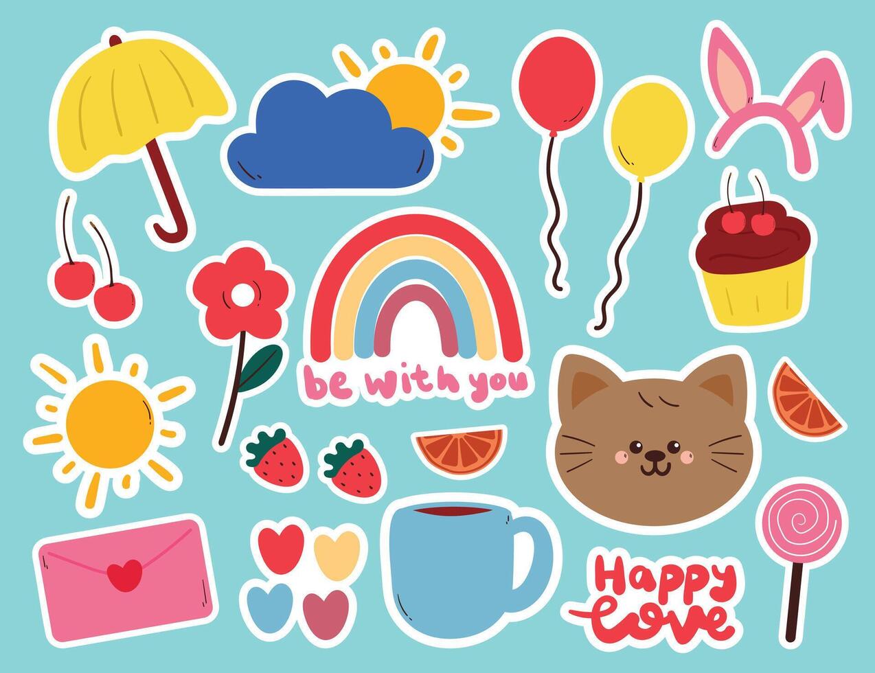 Cute stickers including animals and fruits vector