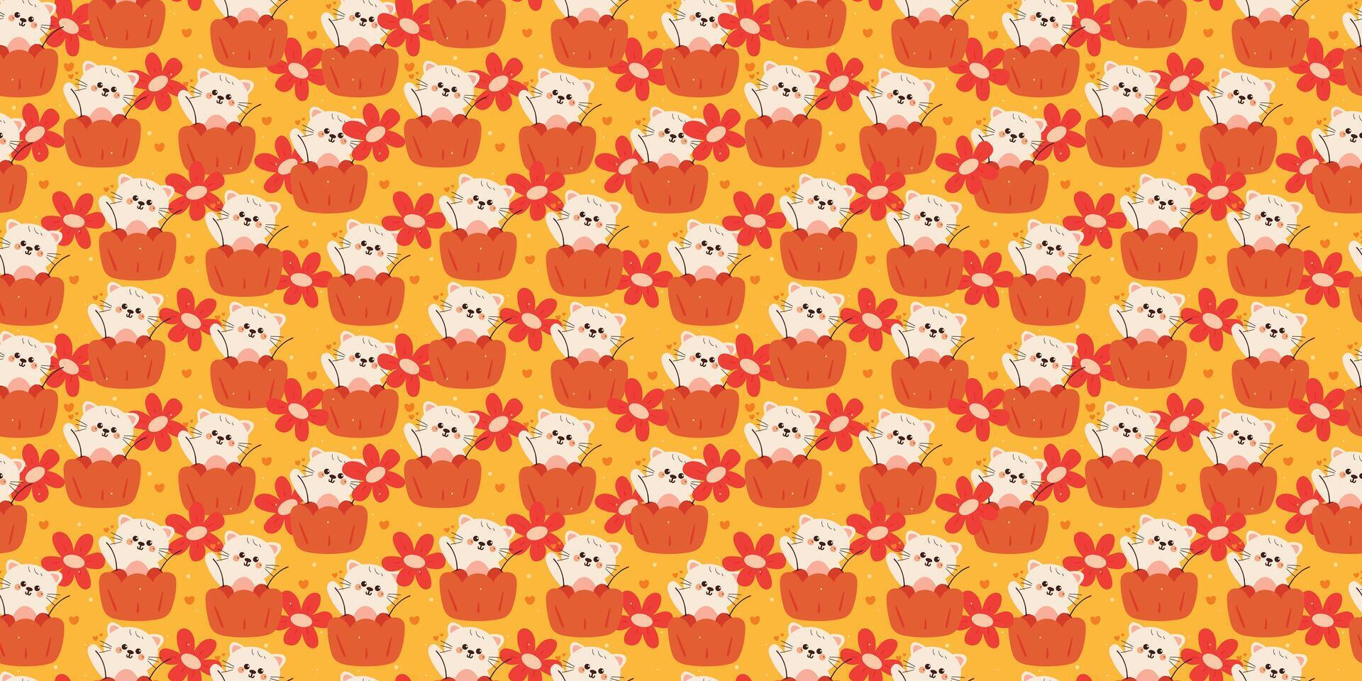 cute seamless pattern cartoon cat inside cupcake and flowers for desktop wallpaper and background vector
