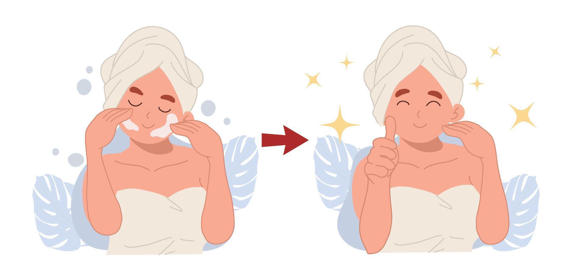 skin care concept. Before, after.clean facial.Flat 2d cartoon character illustration. vector