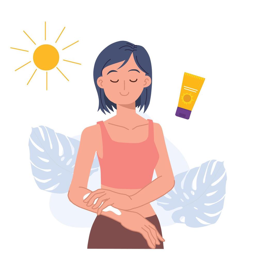 Skin care concept.Sunscreen.Woman using sunscreen. vector