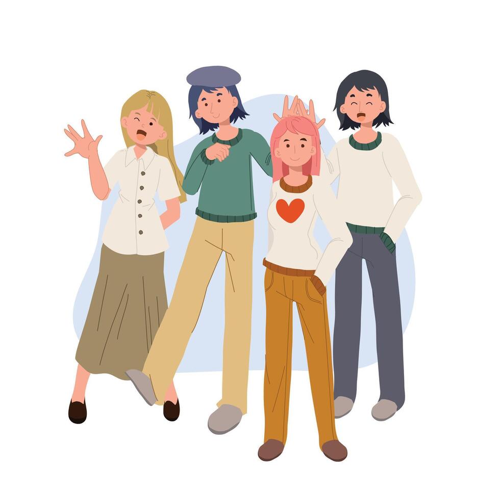 group of people isolated on white background.Happy smiling young men, women standing together.Flat cartoon character illustration. vector