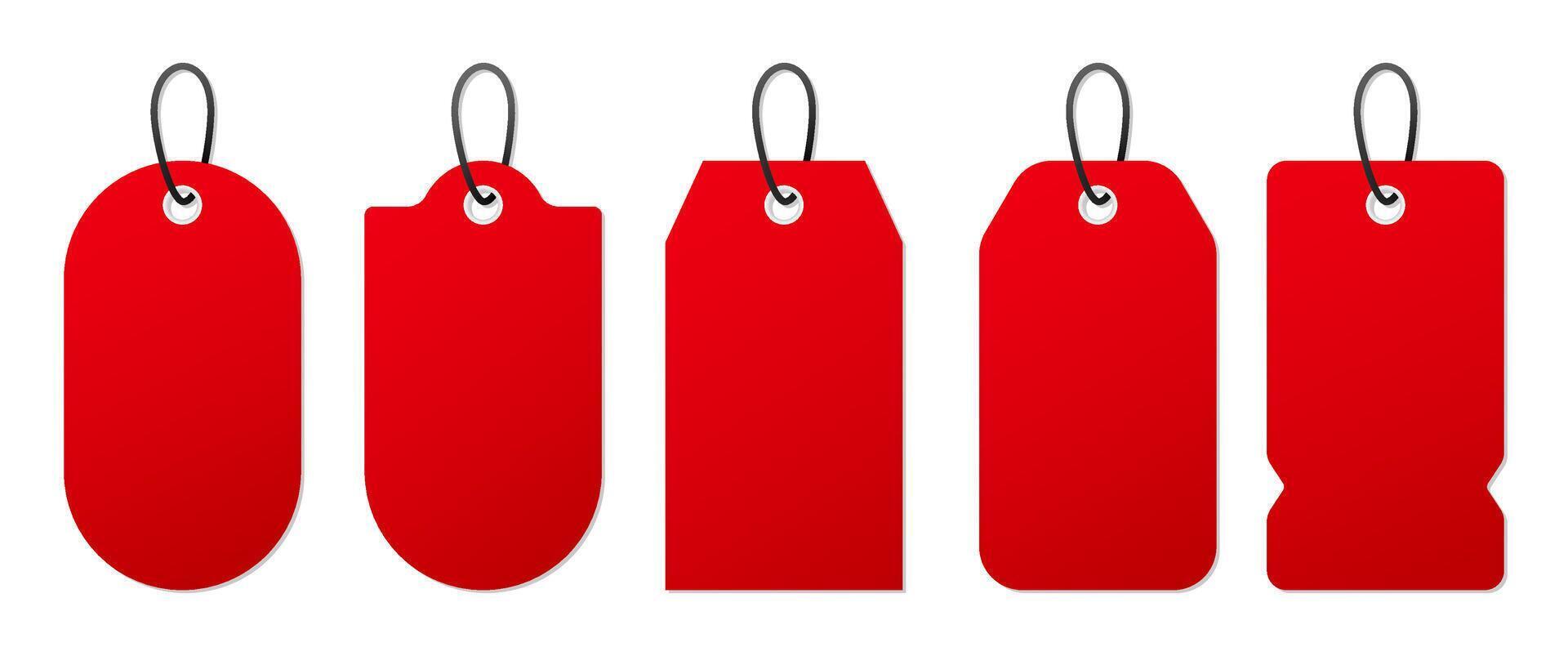Isolated Minimal Red Hanging Labels Set, Blank Price Tags for Sale and Promotion Display, Editable vector