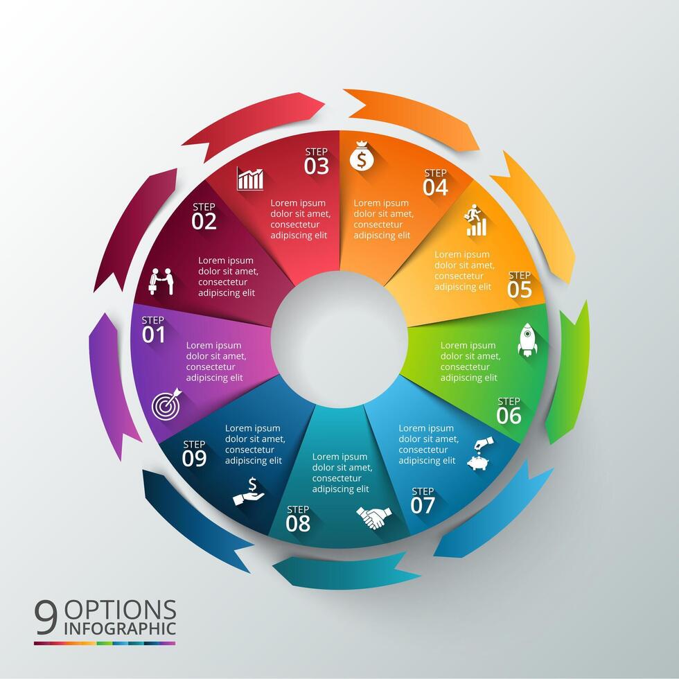 circle with arrows for infographic. Template for cycle diagram, graph, presentation and round chart. Business concept with 9 options, parts, steps or processes. Abstract background. vector