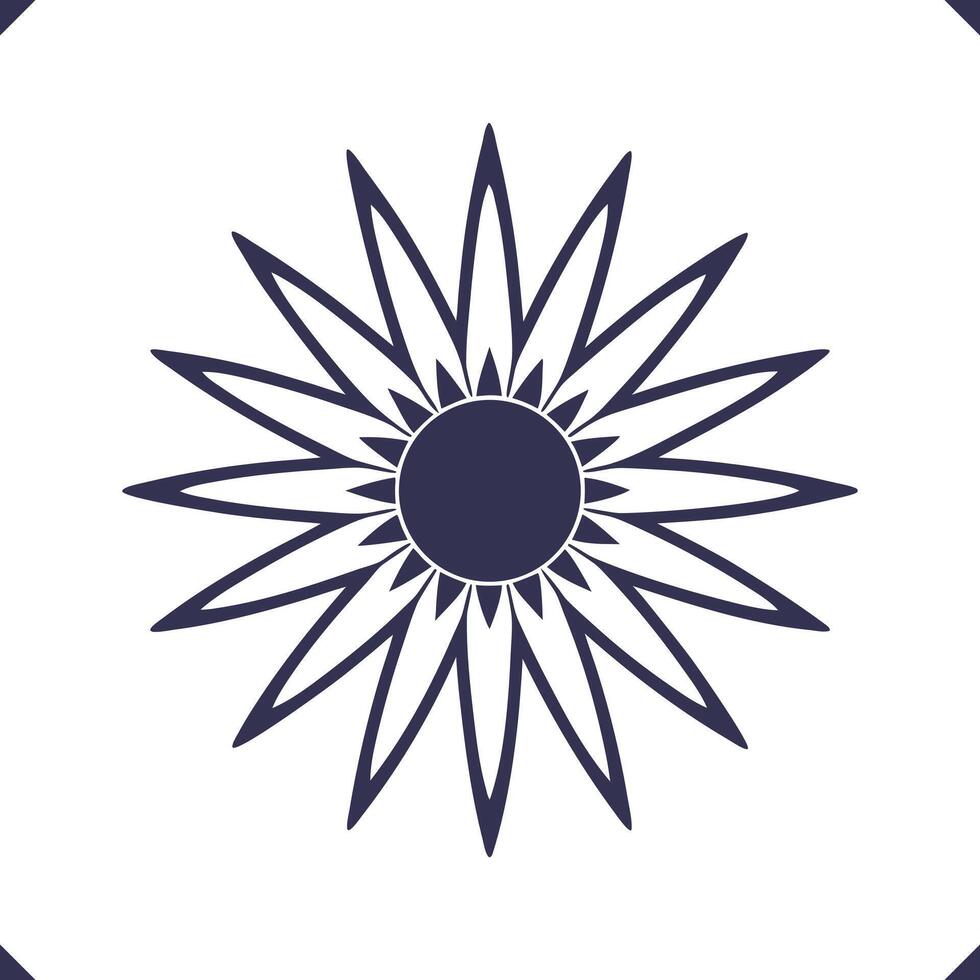 Silhouette of bold sun-shaped Surjomukhi petals around a dark center, circle shape floral vector