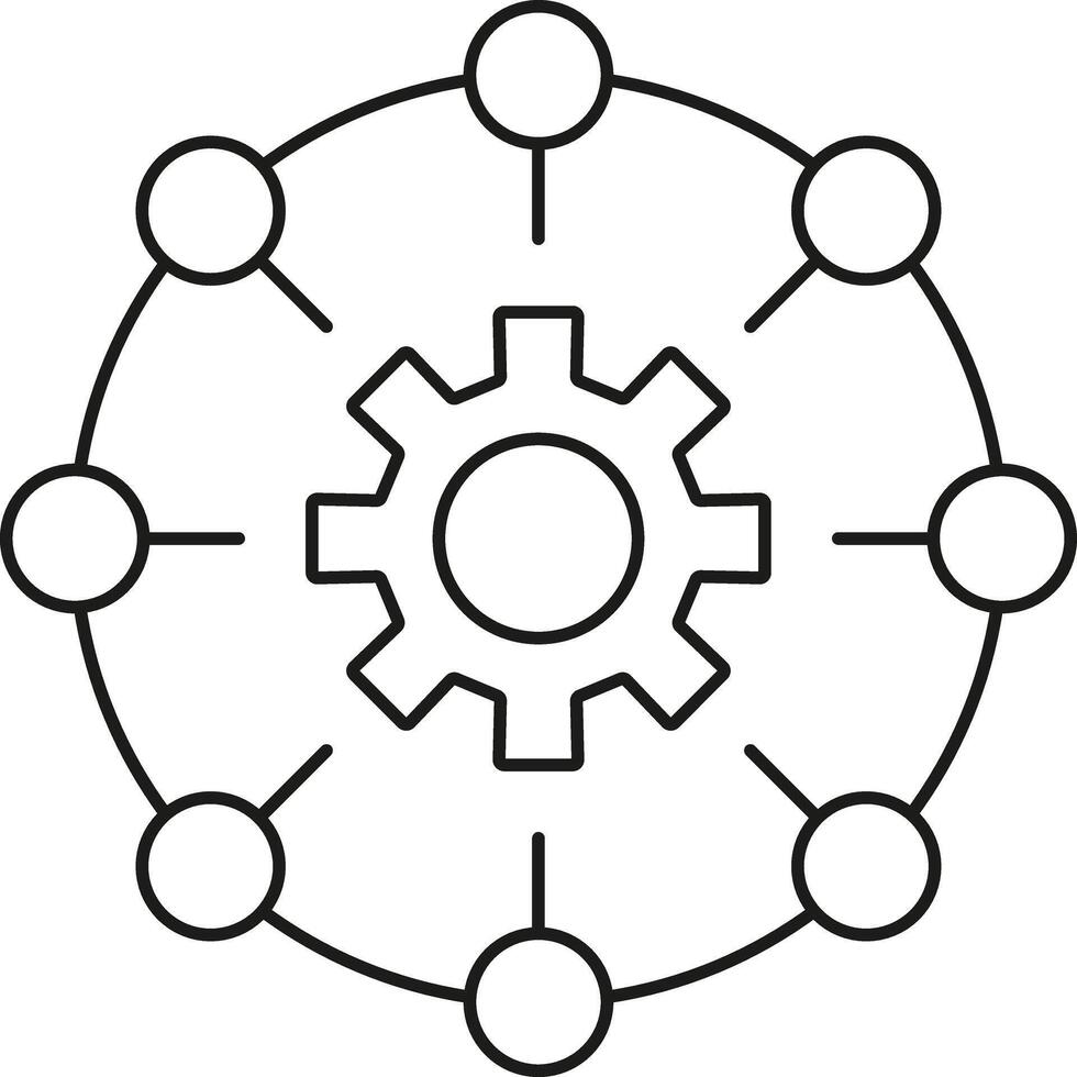 Abstract network diagram with central gear and surrounding nodes isolated on transparent background vector