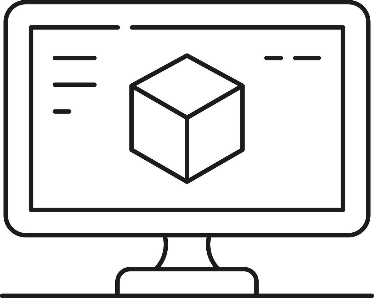 Computer screen displaying a 3d cube model with simple interface elements isolated on transparent background vector