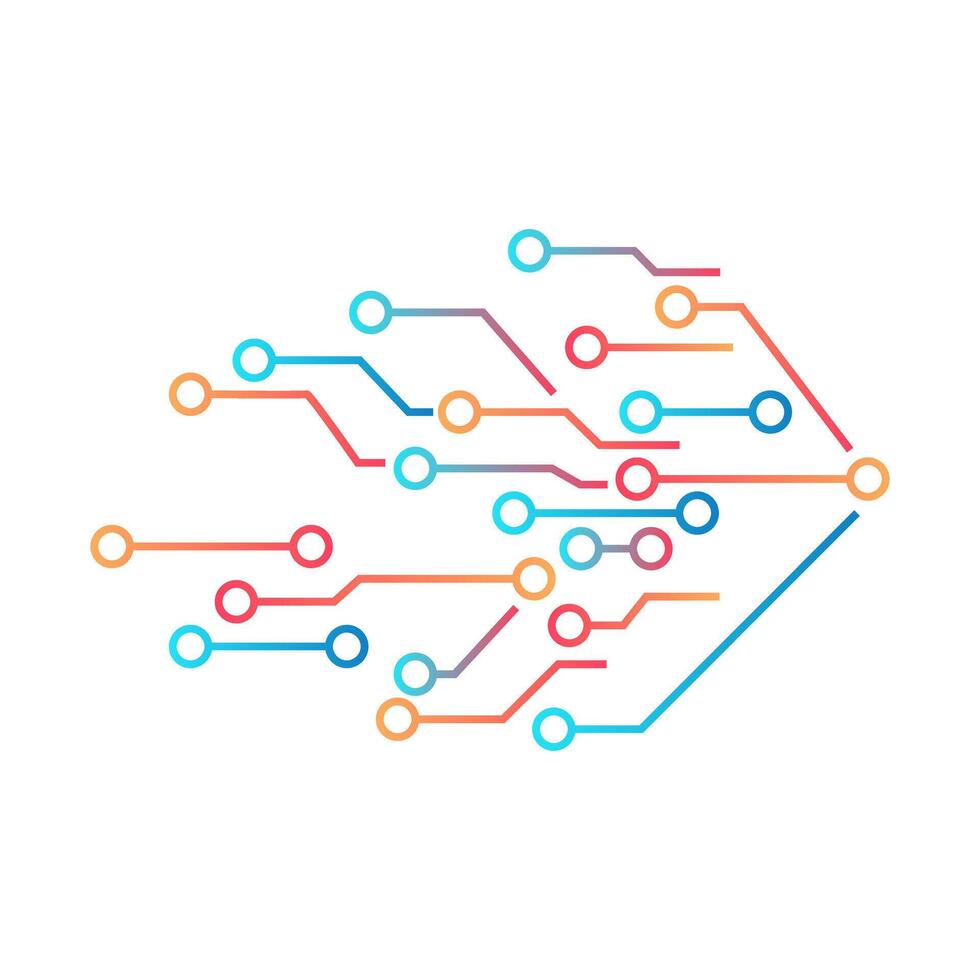 symbol of interconnected dots and lines, network or circuit, brighter and more energetic colors. dynamism, connectivity and data flow in the world of technology vector